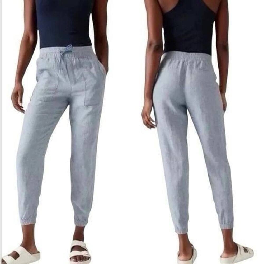 Athleta Sz 12 Retreat Linen Pull On Jogger Pants in Chambray Blue Women’s 531704